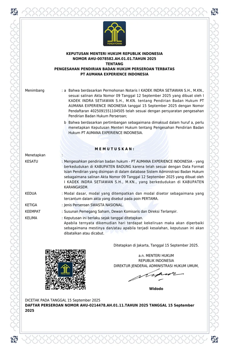 Ministry of Law Decree — Incorporation of PT Aumana Experience Indonesia