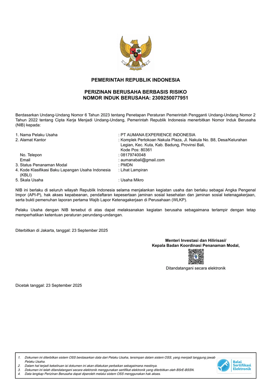 Business License (NIB) — PT Aumana Experience Indonesia