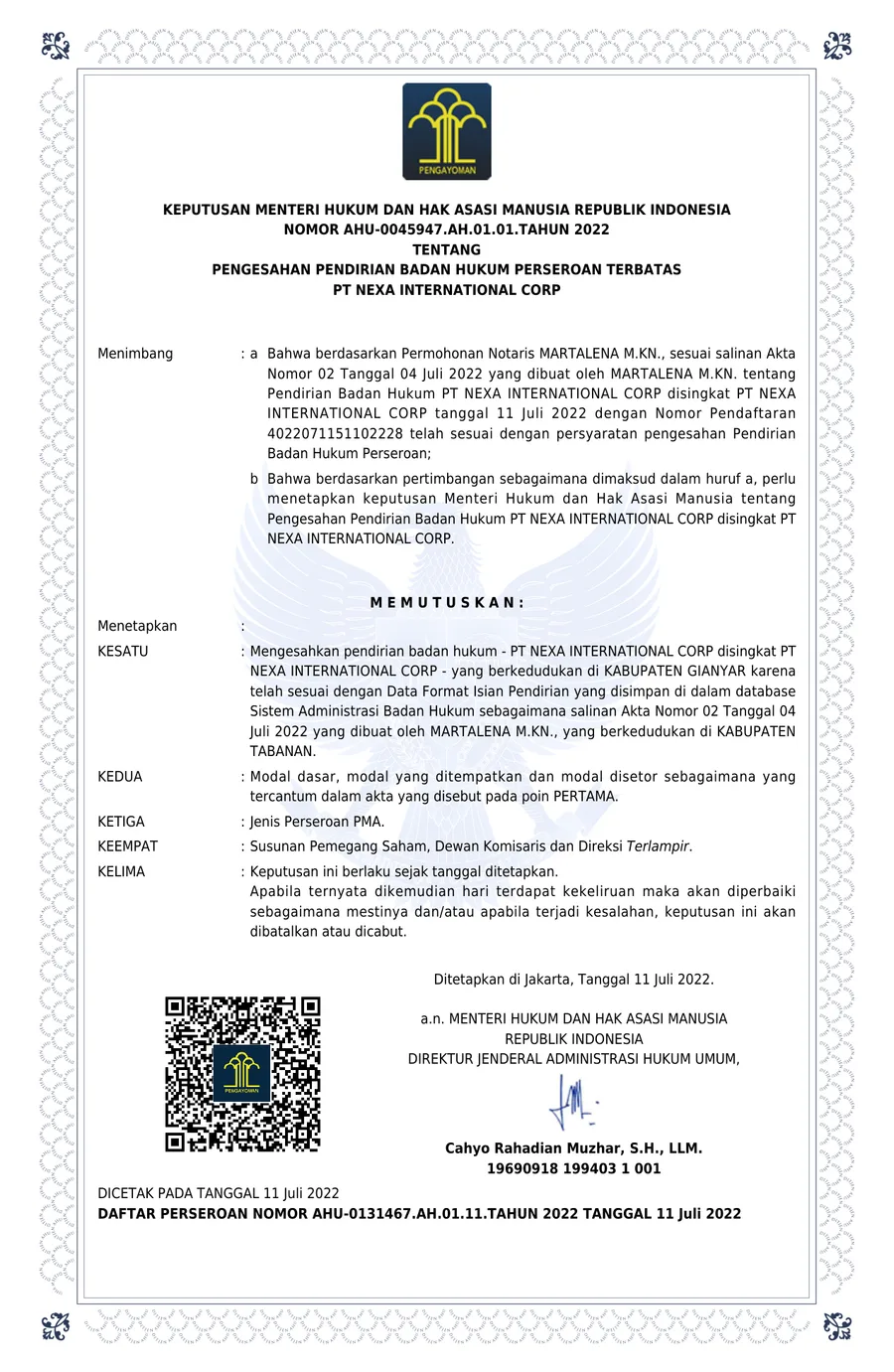 Ministry of Law & Human Rights Decree — Incorporation of PT Nexa International Corp