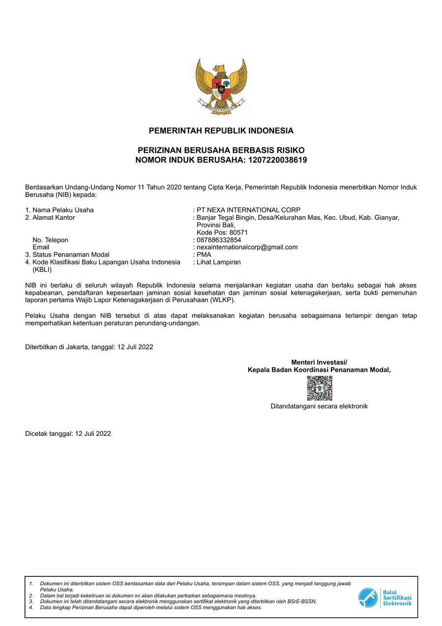 Business License (NIB) — PT Nexa International Corp